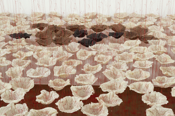 Rice is Life, detail, sushi, red & black rice, threads, 2014, tied threads, cooked rice, installation: Everson Museum, Syracuse, New York, USA, photo: David Broda