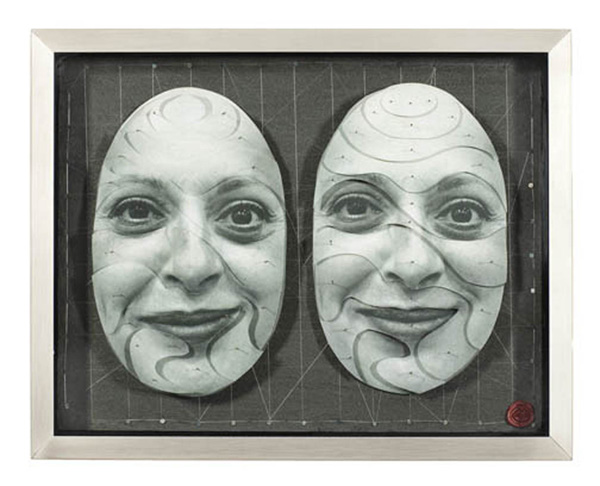 Topographical Explorations #4: 15"x12"x2.75", Card stock, butterfly pins, acrylic paint, nails, string, wood & metal frame