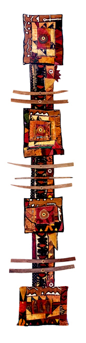 Memory Stick, Hand-woven wool, embroidered cotton, century-old hand-stitched quilt, found, embellished and new fabrics, copper wire, carved wood, stones. 15" X 74", 2012, Photo credit: Mark Vander Vennen