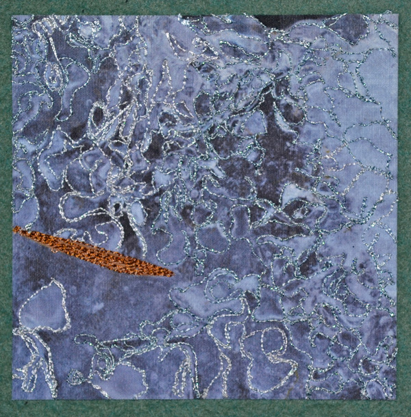 Crystal Clear with Leaf, 4” x 4” (10” square framed)  photo transfer, machine embellished