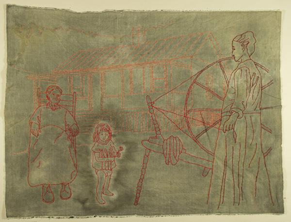 Arrowmont: Spinning Wheel (series printing plate), 30" x 22", cotton embroidery floss on cotton fabric, Embroidery, photo: Anna Keck