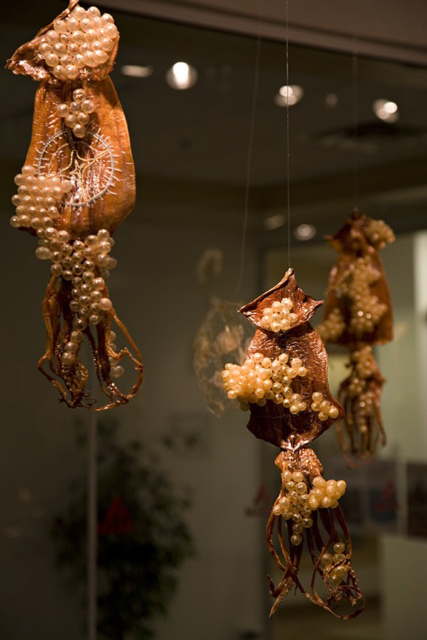 Muddy Waters (detail), embroidery on dried squid with pig intestine, variable dimensions, 2011, photo: Kevin Bertram
