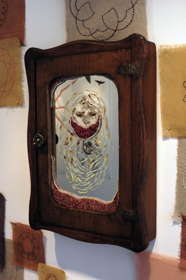 Makeup Mirror, varies, repurposed vintage wall case, custom cut mirror, oil paint and medium, linen and cotton embroidery floss (fibre technique - crewel embroidery), photo: Megan A. Skyvington.