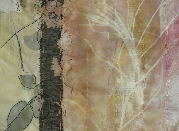 Field Margins, detail, Urban Nature series. Paper and textiles layers, print, worked on top of old curtains dye, paint, print, machine and hand embroidery. Transfer dye with plants. Photo: Cas Holmes.