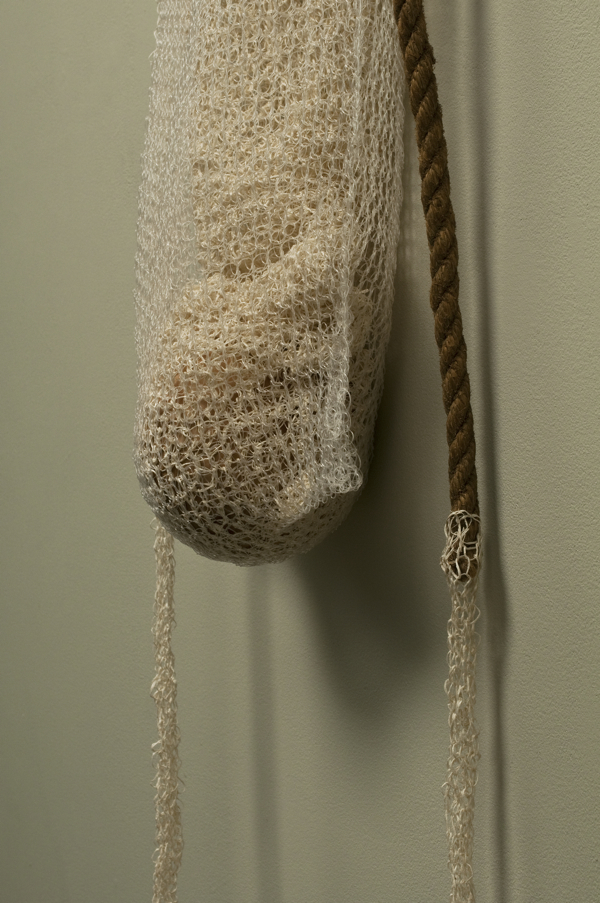 Sack 1, 2011, detail, 41.5" x 14.25" x 5.5", Silk, monofilament, wood, iron. Technique crochet. Photo: John Carlano.