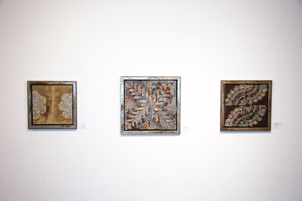 Installation, Krakow Fragments, VII, VIII, V, 8.5 x 9 inches, 14 x 14 inches, 12 x 12 inches, Hand dyed fabric, van dyke printed, discharged, altered dyed lace, mounted on board and stiffened and waxed. Photo: Mark Frey.