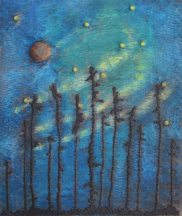 Starry Night, Boreal Forest, 2012, hand-woven copper wire in twill with patina, embroidery and wax. 39.5 cm h x 33 cm w x 1 cm d.