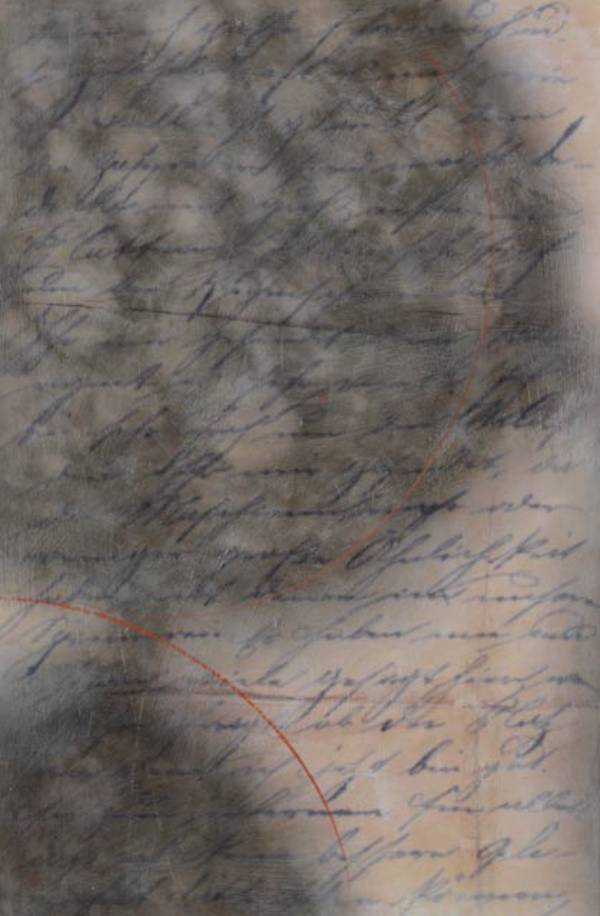 "Lines and Lives that Intersect #2", encaustic (pigmented wax and resin), and fabric on panel, 36" x 24", 2012.