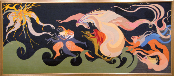 The Meeting Point, 30 in H x 72 in W, 1979. Wool, cotton and silk threads on needlepoint canvas. Photo: Abar Color Labs.