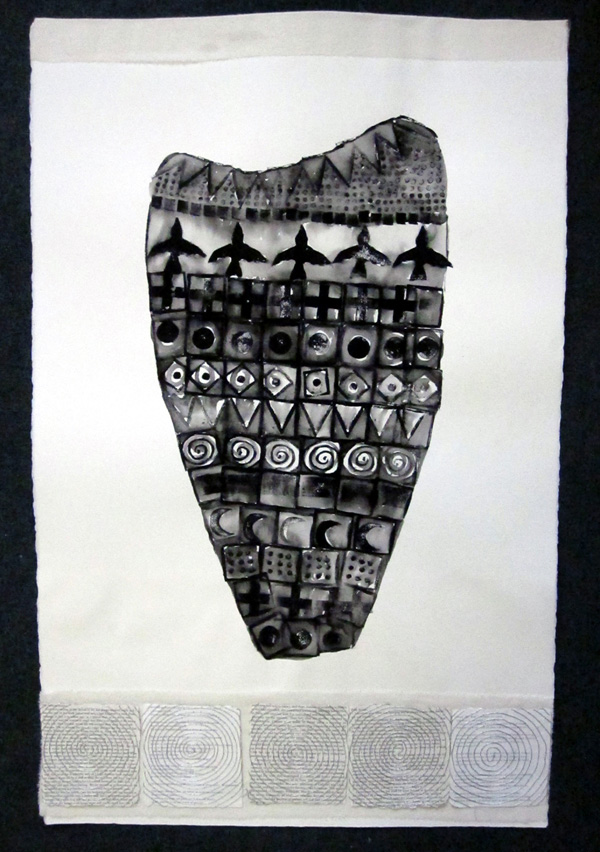 Shield for an Open Heart. Block printing, watercolour paper, metal thread couched to book pages, silk. 22" wide by 35" high. 2010. photo J Martin. Private collection.