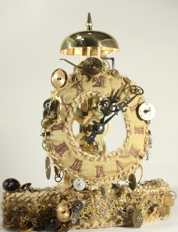 Tick Tock Steampunk, gear clock, free motion embroidery. Fully working manual Gear clock 9" x 10"