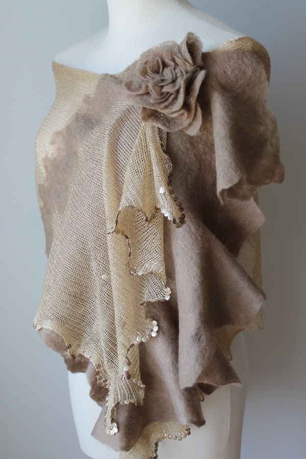 Symphony sequens shawl with blossoms, Nuno felting on lurex knit with embroidery, 2012 Photo-Lorena Santin Andrade