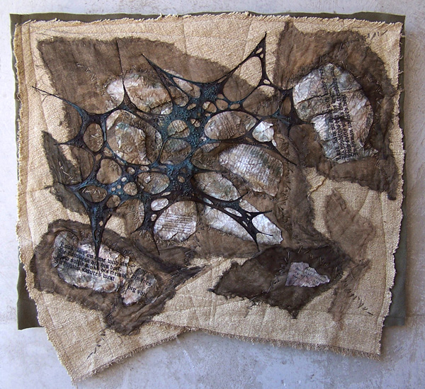 Tales From the Past I, 2005, 27" x 26" collage – fabric, acrylic paint, paper, yarn, photo: Milena Radeva