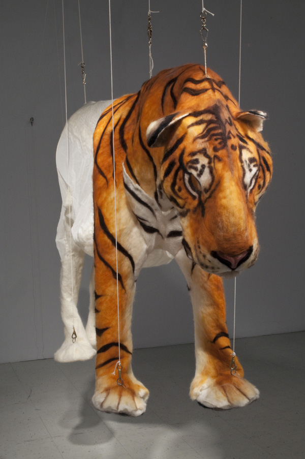 The Tigress of Jowlagiri, 2011, 96" x 40" x 24", materials: wool, recycled textiles, silicone, pulleys, rope, techniques: wet felting, needle felting, sewing, casting