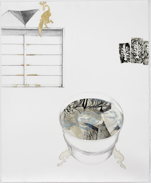Washtub/Pool II, etching on Kurotani paper, graphite, watercolour, gold leaf, BFK paper, 26"H x 21"W, 2012, photo: Peter Legris