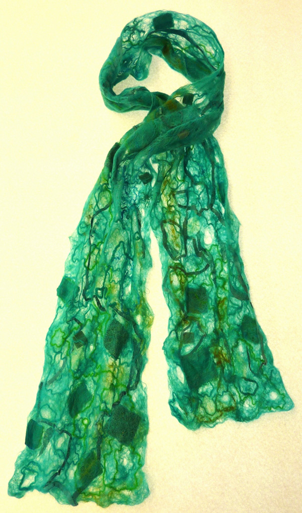 Waterfall scarf, materials: merino wool, assorted fabrics, suede, yarns and threads; techniques: filigree felting, appliqué, freemotion embroidery