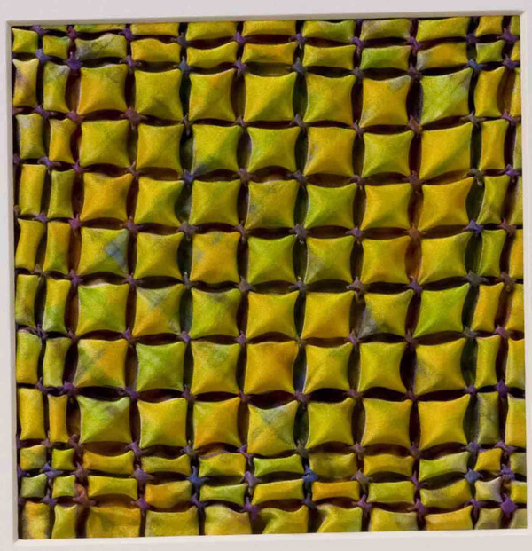 Sun Elements, 03/2010, 18x18 cm, 100% silk, Fibre Reactive Smocked hand painted silk, Dyes, gutta resist, photo: Pete Paterson.