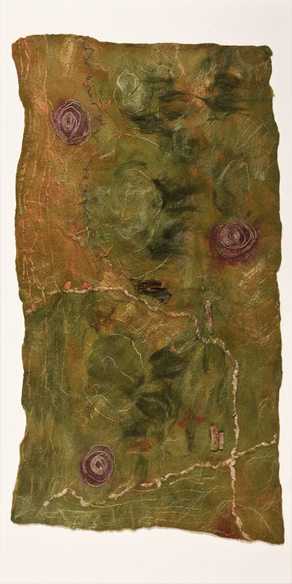 Remnants of Grassland, 2012, 48Hx24Wx3D inches mounted on silk covered canvas. Merino wool, silk roving, linen paper yarn, Tsumugi silk yarn, papyrus, silk rope, spun wool and silk fibres, embedded organics – cherry bark, silk wrapped jasmine dragon pearl tea leaves. Technique: handmade felt – wet felting, photo: Steven Crainford