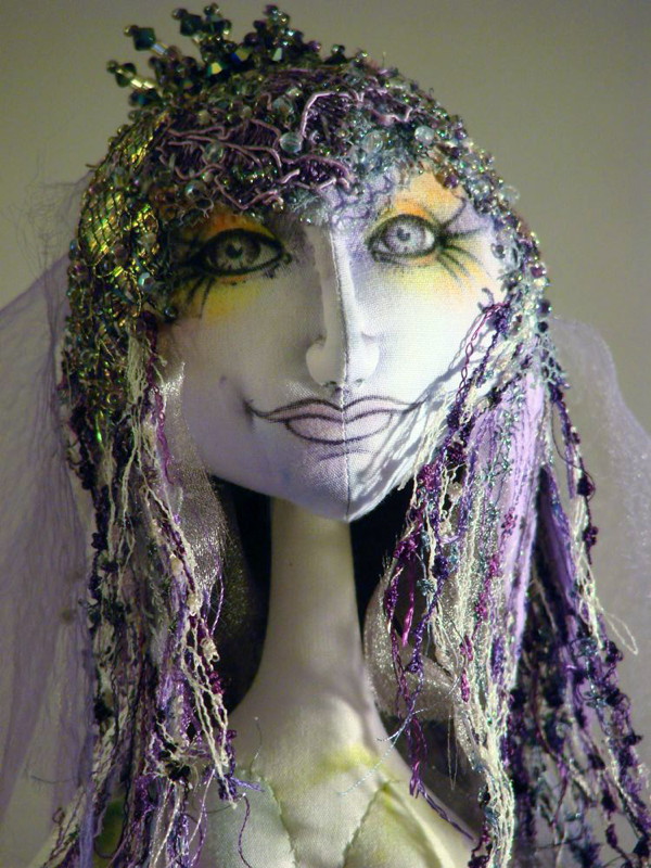 Detail: Full Moon, 18" H, hand dyed cottons, silk, lace, chiffon, fabric paint, pencil crayons, beads, paper-clay, wooden stand, ribbon.