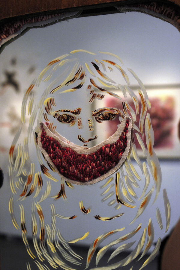 Makeup Mirror, varies, repurposed vintage wall case, custom cut mirror, oil paint and medium, linen and cotton embroidery floss (fibre technique - crewel embroidery), photo: Megan A. Skyvington.