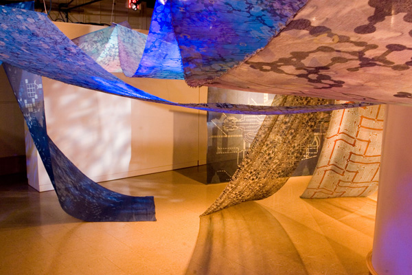 Evolution, buckram, dye, pigment, screen-printing, theater lighting, gobo, gel, 36"(w) x 360"(l) each, three total, photo: Xia Gao