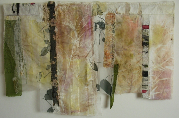 Field Margins, Urban Nature series. Paper and textiles layers, print, worked on top of old curtains, dye, paint, print, machine and hand embroidery. Transfer dye with plants, 120x84cm. Photo: Cas Holmes.