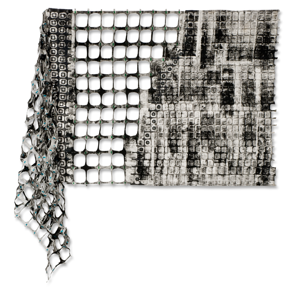 The Fence As Lace #6, 72 x 73", 100% cotton, paint, thread, Monoprinted, handstamped, handpainted, stitched, cut stiffened fabric, Photo credit: Joe Ofria.