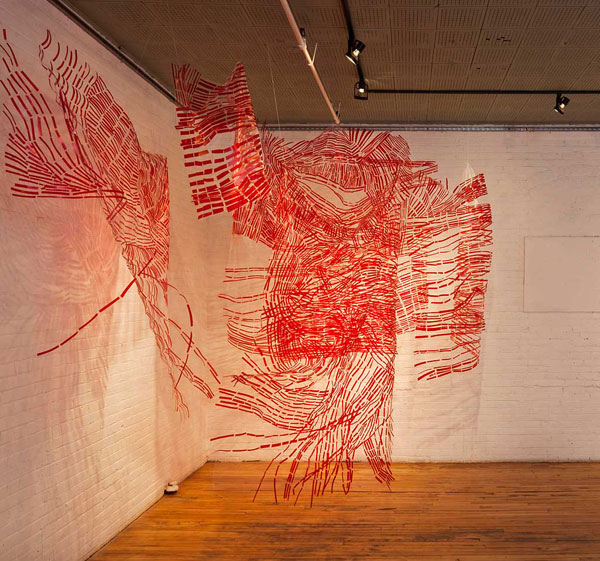 Timelines, side view, machine sewn Rubylith®, plastic, tulle, 2014, 15' x 10' x 10'
Photo: Steve Wagner