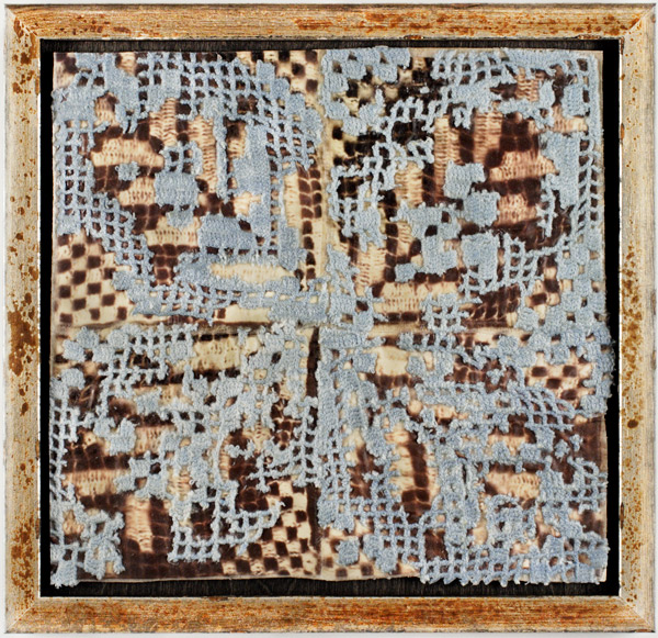 Krakow Fragment, III, 11 x 11inches, Hand dyed fabric, van dyke printed, discharged, altered dyed lace, mounted on board and stiffened and waxed. Photo: Mark Frey.