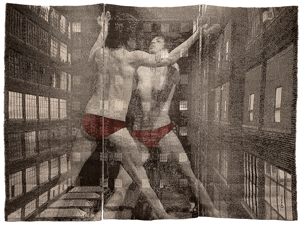 Nues au Nordelec, 2011. Jacquard weaving. Dancers shot from a choreography by George Stamos entitled Réservoir pneumatique -- Background : a photo shot by Louise Lemieux Bérubé of a building named Le Nordelec, tencel, stainless steel, copper, linen, dyes, 159x216 cm, private collection