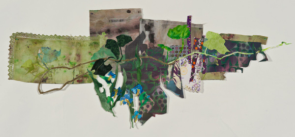 Ladies of Weir Farm: Concord Grape, 37"x16", painted and printed deconstructed repurposed clothing and linens, commercial fabrics, machine stitch. Photo: Susan Byrne Photography.