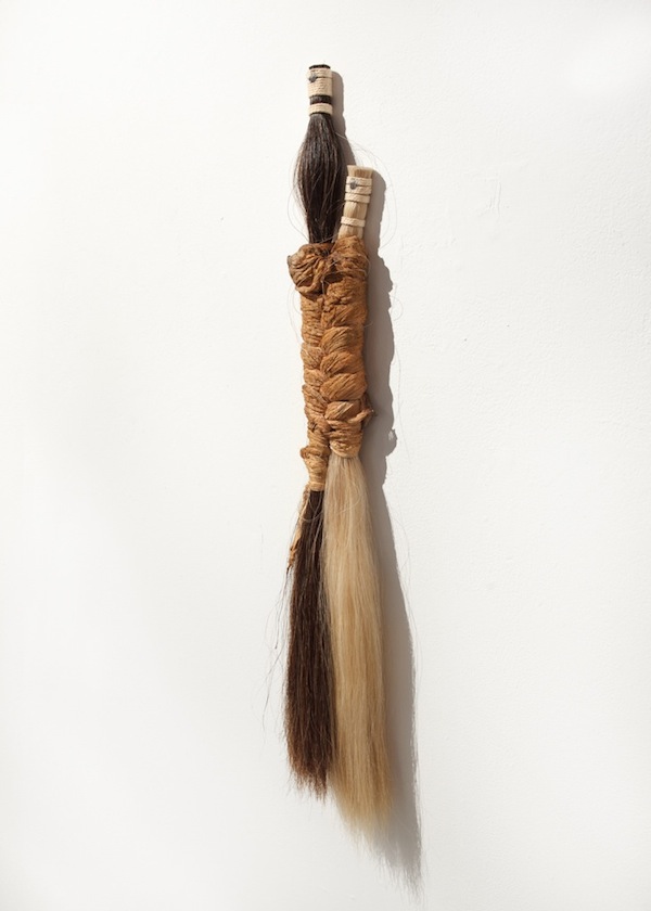Remains of the Ephemeral II, 2014, 30”H x 5”W, horsehair, hand-dyed cheesecloth, rubber latex. Technique: Hand-woven sculpture. Photo: Thomas Blanchard. 