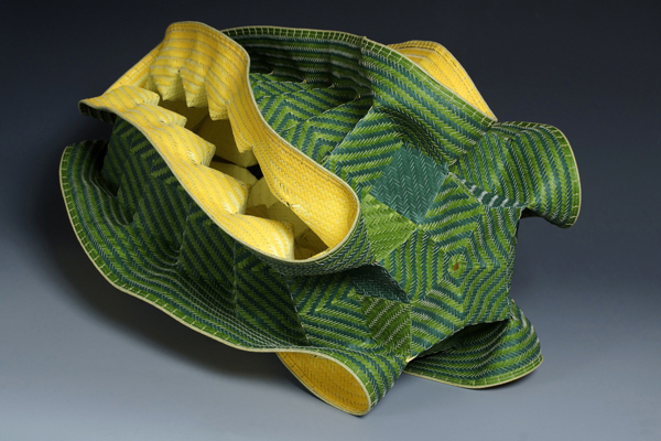 Star Auger, watercolor paper, acrylic paint, waxed linen thread, 2012, 16 x 25 x 16", diagonal twill woven basketry, sewn rim, Photo: Ken Rowe