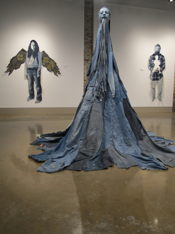 Totemic Figures, denim, wooden structure, 2014, 78 x 48 x 48 inches, denim applique, Photo: James Arendt.