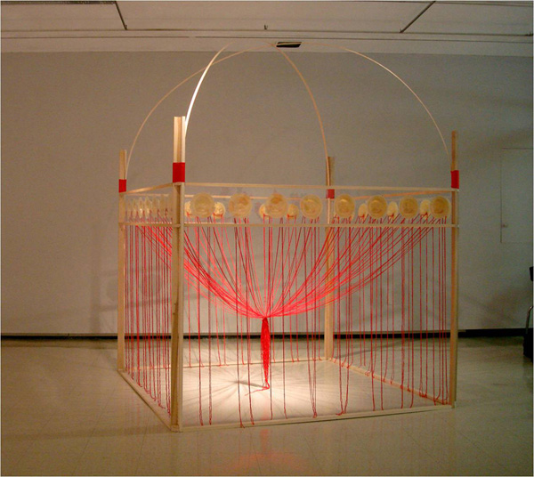 Dwelling, 2006, 10x6x6, wax wood Plexiglas red string, Xiaoging Yan, shown at Kipp Gallery, Indiana University of Pennsylvania