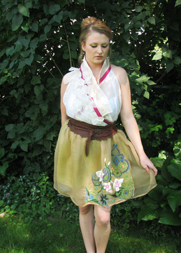 Embroidery, Media: Silk and Cotton Thread Embroidery, Silk Organza, Vintage Embroidered Cotton, Suit Weight Silk, Weak Acid Dyed Silk Pongee, Glass Beads, Couched Peacock Feathers, 2011, Photography: Judith Rhem