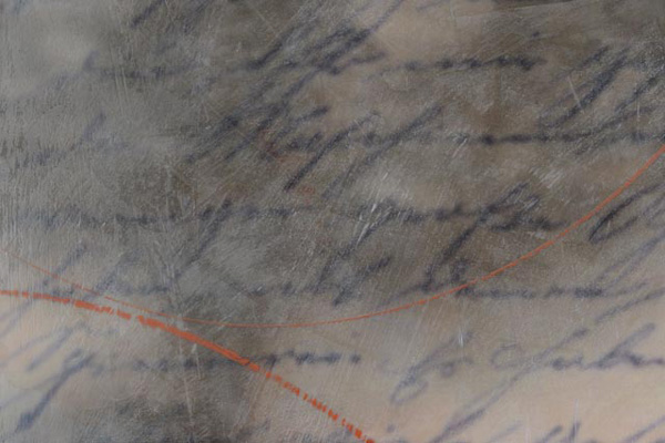 Detail: "Lines and Lives that Intersect #2", encaustic (pigmented wax and resin), and fabric on panel, 36" x 24", 2012.