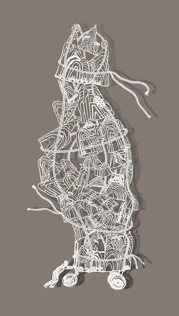 Pushing Mountains, 12”x27”, Cut Paper, Chinese Rice Paper on Silk