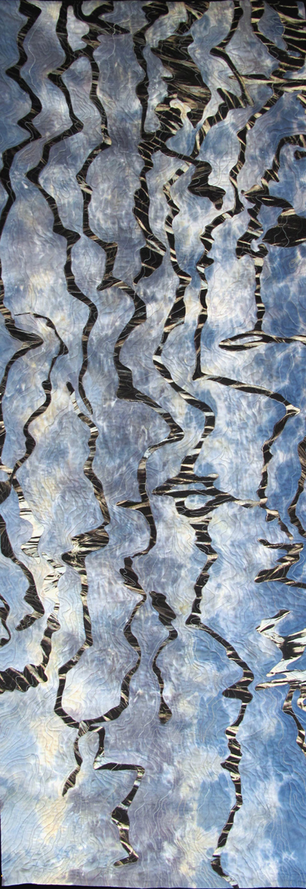 Reflections, Phoenix, Arizona, var.16, Hand-dyed, over-dyed fabrics, collaged, fused, free motion machine stiched. 2011, 27 x 79.