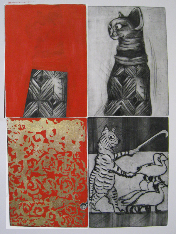 ROM Cats, drypoint, acrylic, goldleaf, Kozo paper, 30"H x 22"W, photo: Yael Brotman