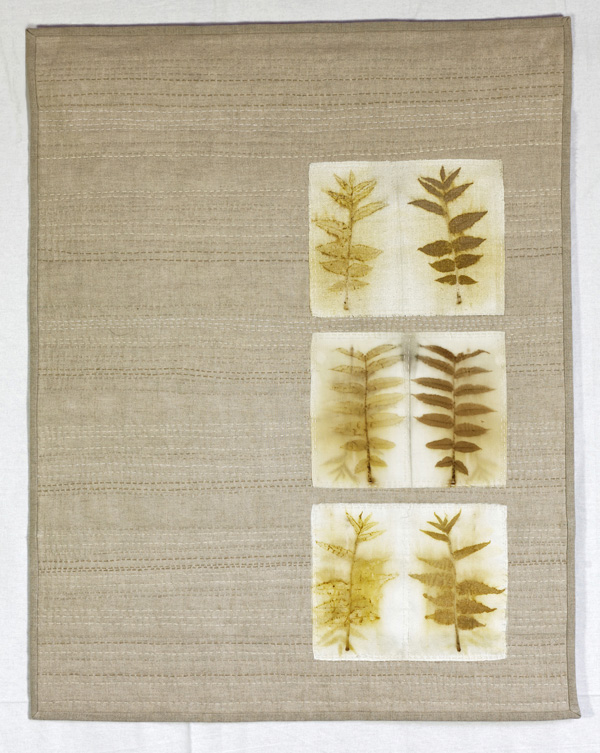 Sumac Study, 2011, 23" x 30", eco printed wool and silk, appliquéd on natural linen, hand stitched, photo: Peter Aaslestad