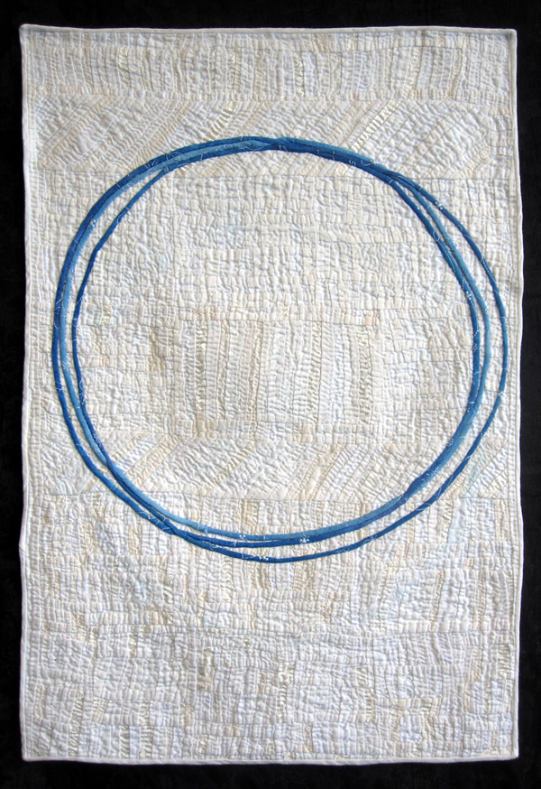 Trinity. Linen damask, silk, dyed line, hand pieced, hand applique, hand quilted. 22" wide by 30" high, 2011. photo J Martin. Collection of Little Current United Church.