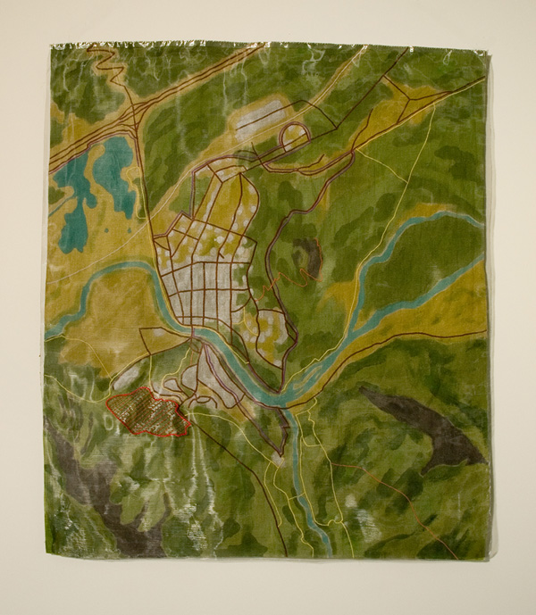 Yours/Mine, 2008, 90cm x 109cm (35.5" w x 43" h), fabric paint, machine and hand embroidery, linen overlaid with organza