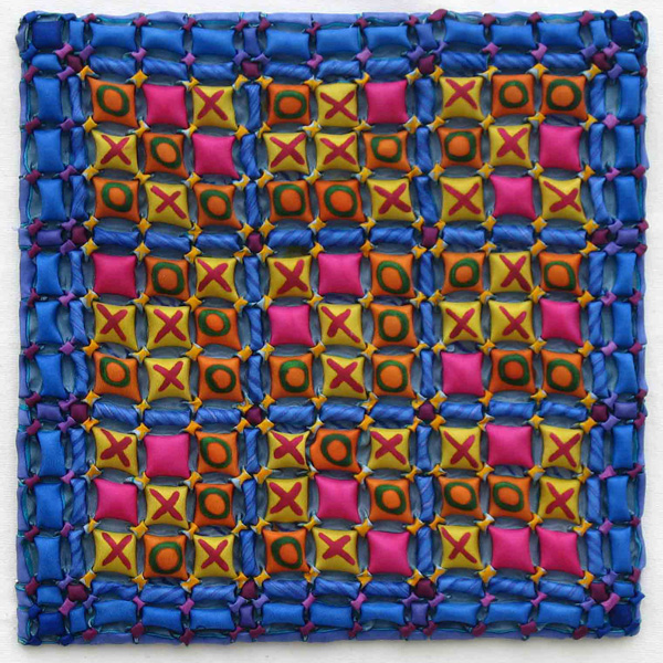 Tic Tac Toe I, 02/05/12 11x11x1 cm 100% silk, Fibre reactive Reverse Flower smocking stitch, dyes and water based resist on hand painted silk, photo: B Hilts.