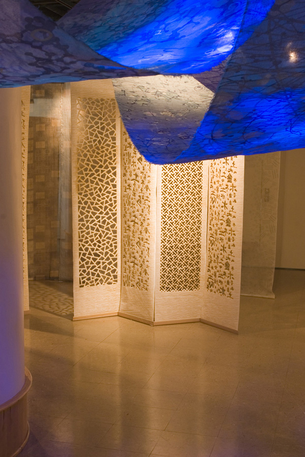 Evolution, buckram, dye, pigment, screen-printing, theater lighting, gobo, gel, 36"(w) x 360"(l) each, three total, photo: Xia Gao