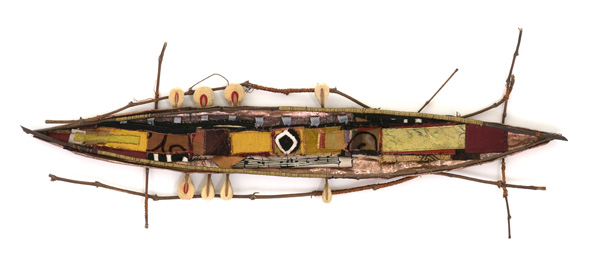 Song in Motion, new, found and embellished fabrics, copper, willow branch, piano felt, 25" X 50", 2011, Photo credit: Mark Vander Vennen