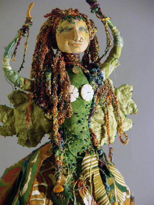 Green Goddess, 18" H, cloth, wire, ribbon, beads, yarn, ribbon.