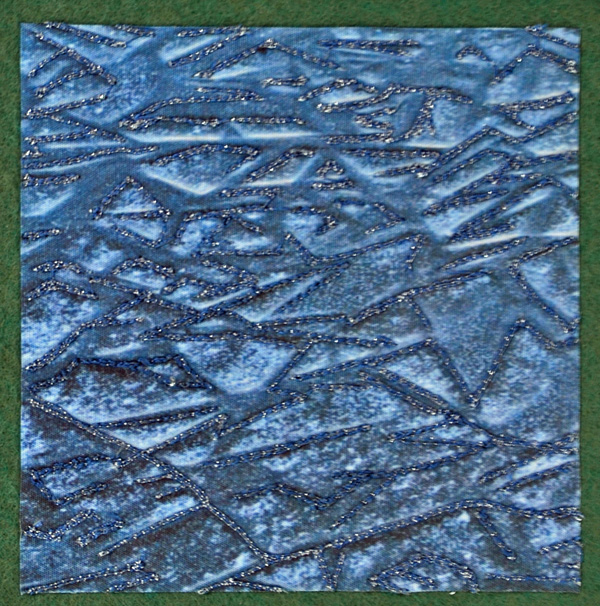 Ice Mosaic, 4” x 4” (10” square framed)  photo transfer, machine embellished