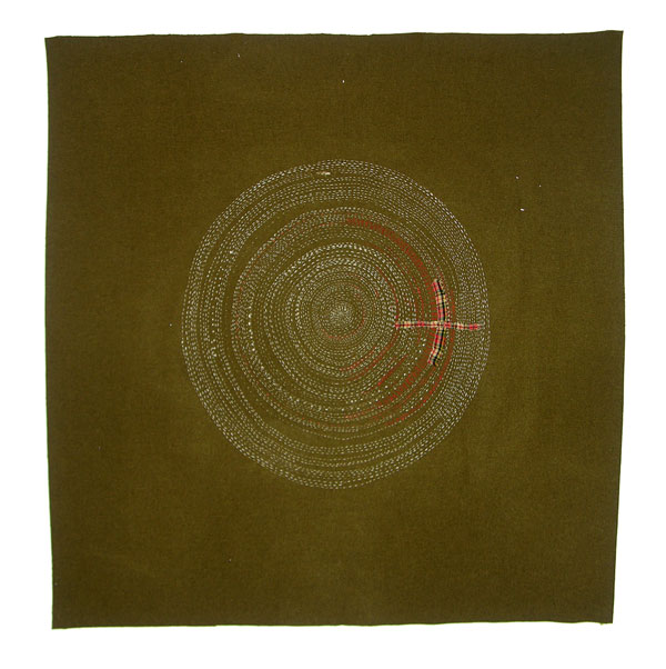 Safe and Warm, hand stitched reclaimed wool blanket, silk/cotton/wool thread, vintage woven wool scarf, 2012, 45" x 45" (114.3cm x 114.3cm) Photo: Christine Mauersberger