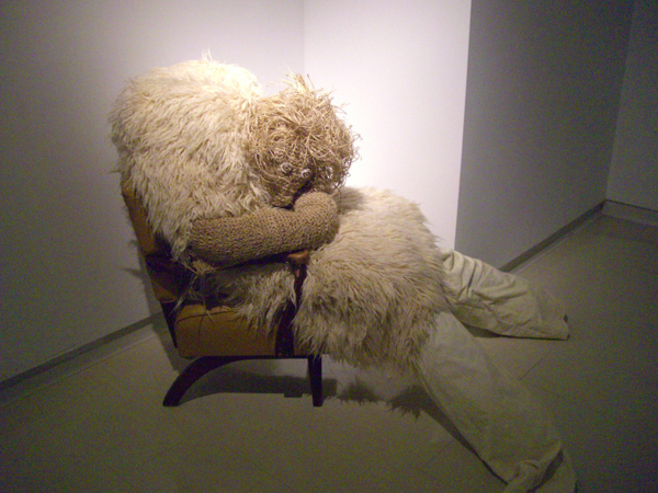 Loner 2, Fabric, twine, fur, thread, dye, glass eyes, carboard, paper, poly fill, 2010, 6ft tall, Pattern Drafting, Machine sewing, Crochet. Photo: Shanell Papp.
